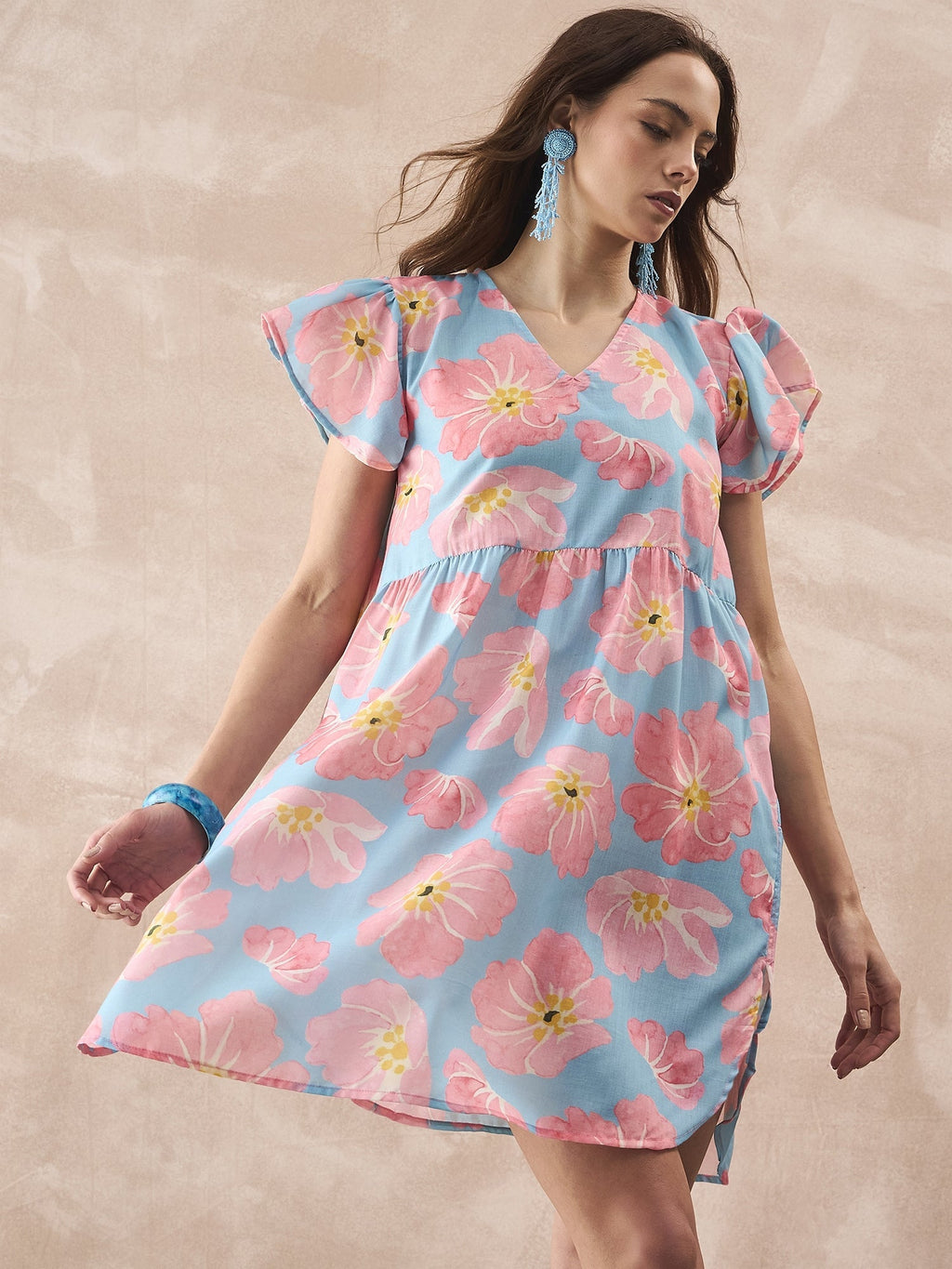 InWeave Skyblue Peach Short Dress - Distacart
