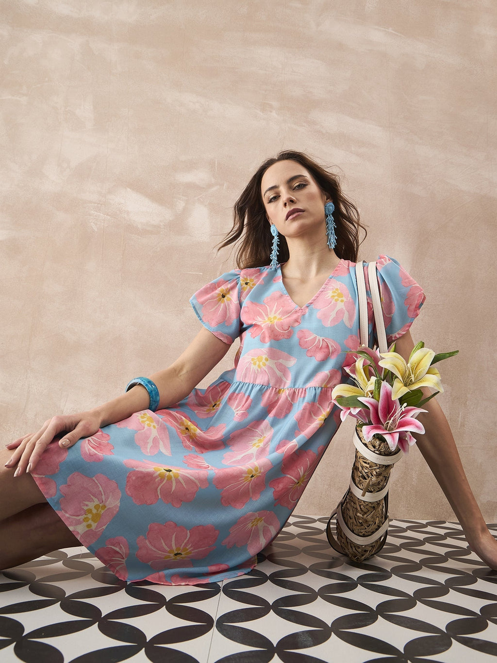 InWeave Skyblue Peach Short Dress - Distacart