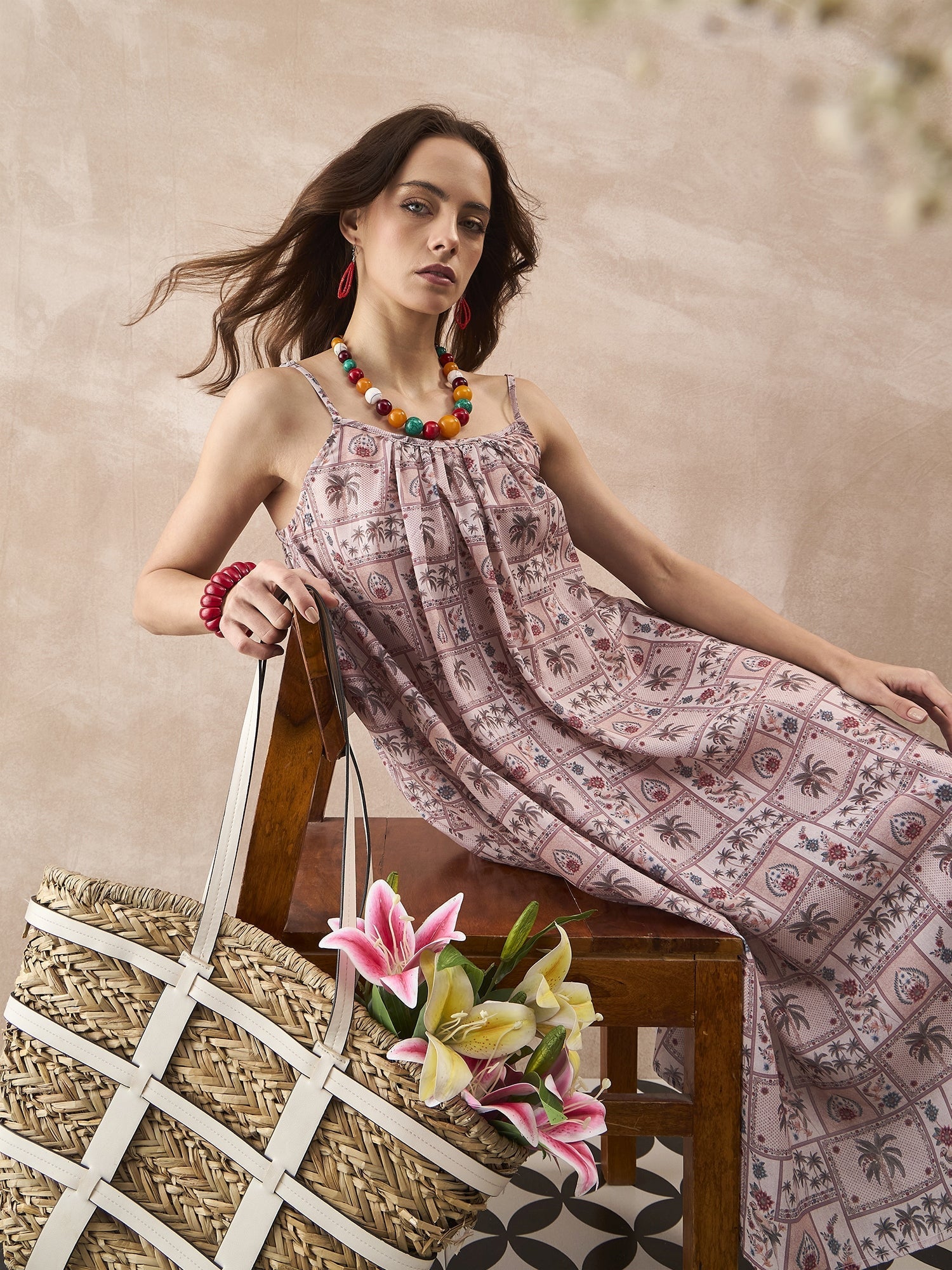 InWeave Ivory Tree Parrot Strappy Dress - Distacart
