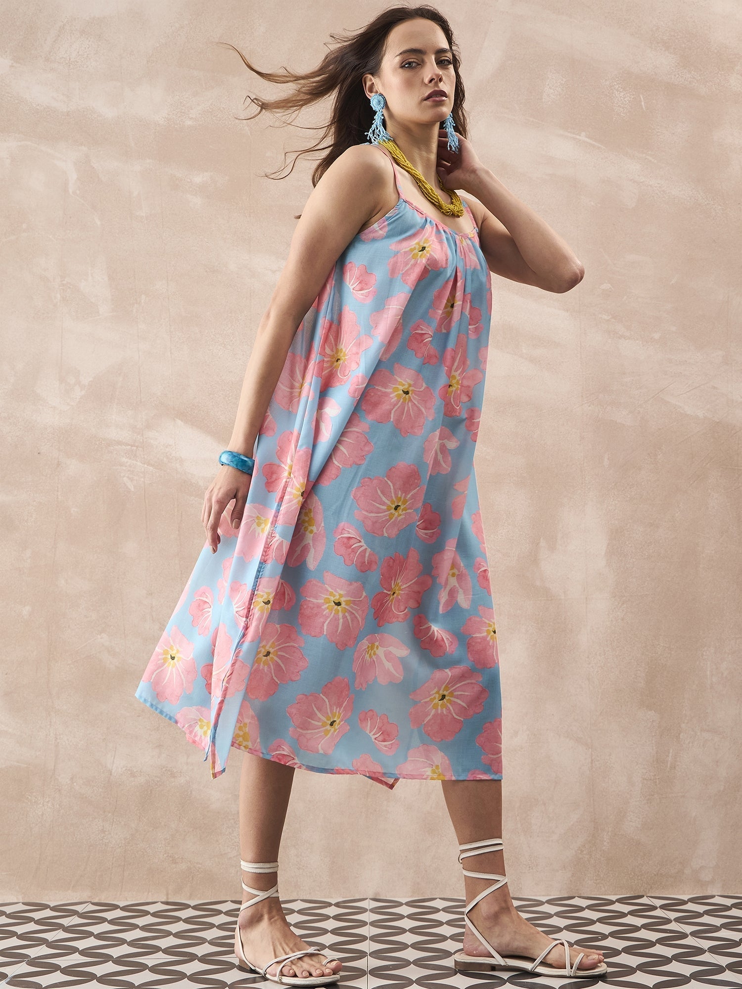 InWeave Skyblue Peach Strappy Dress - Distacart