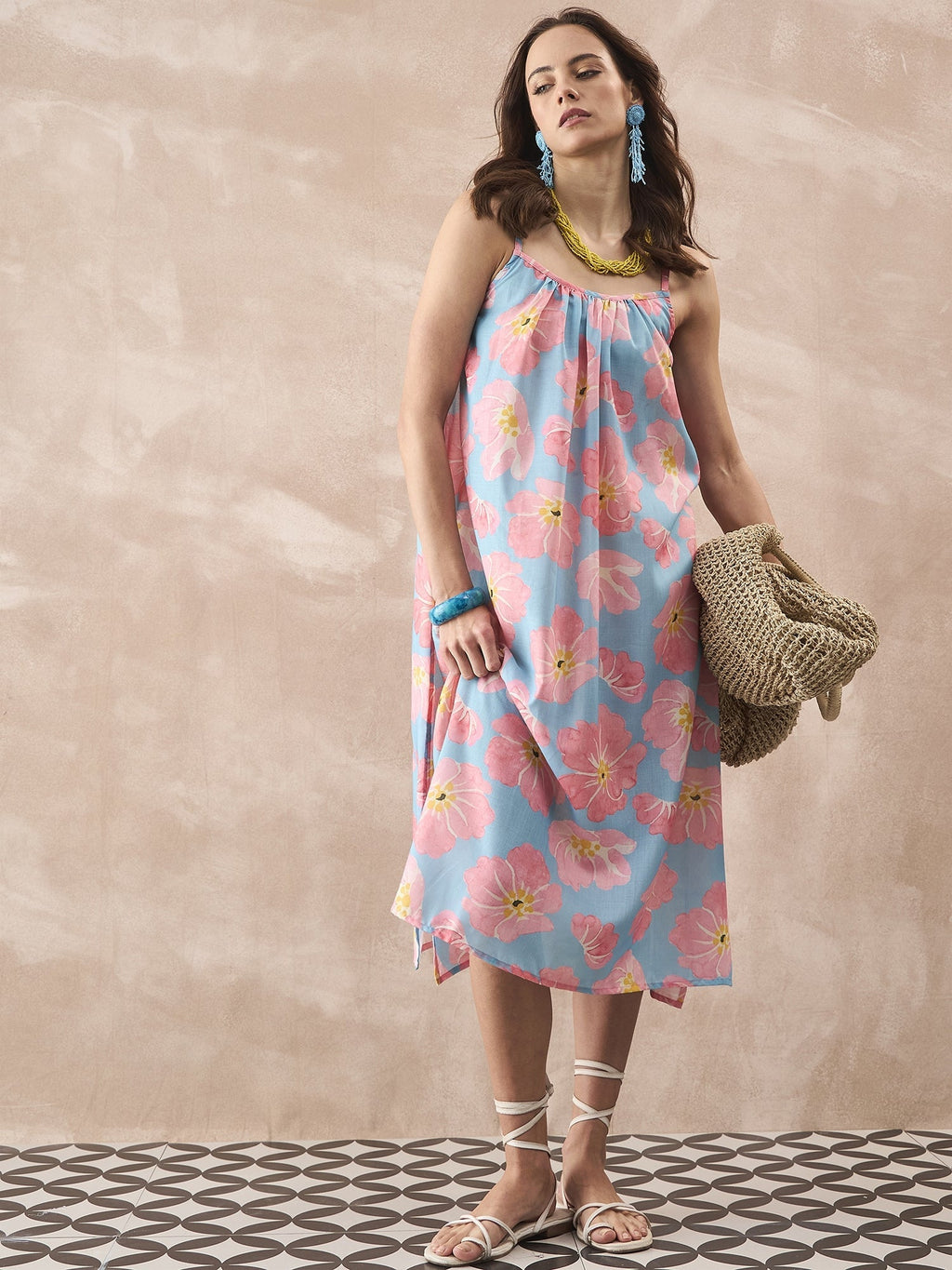 InWeave Skyblue Peach Strappy Dress - Distacart