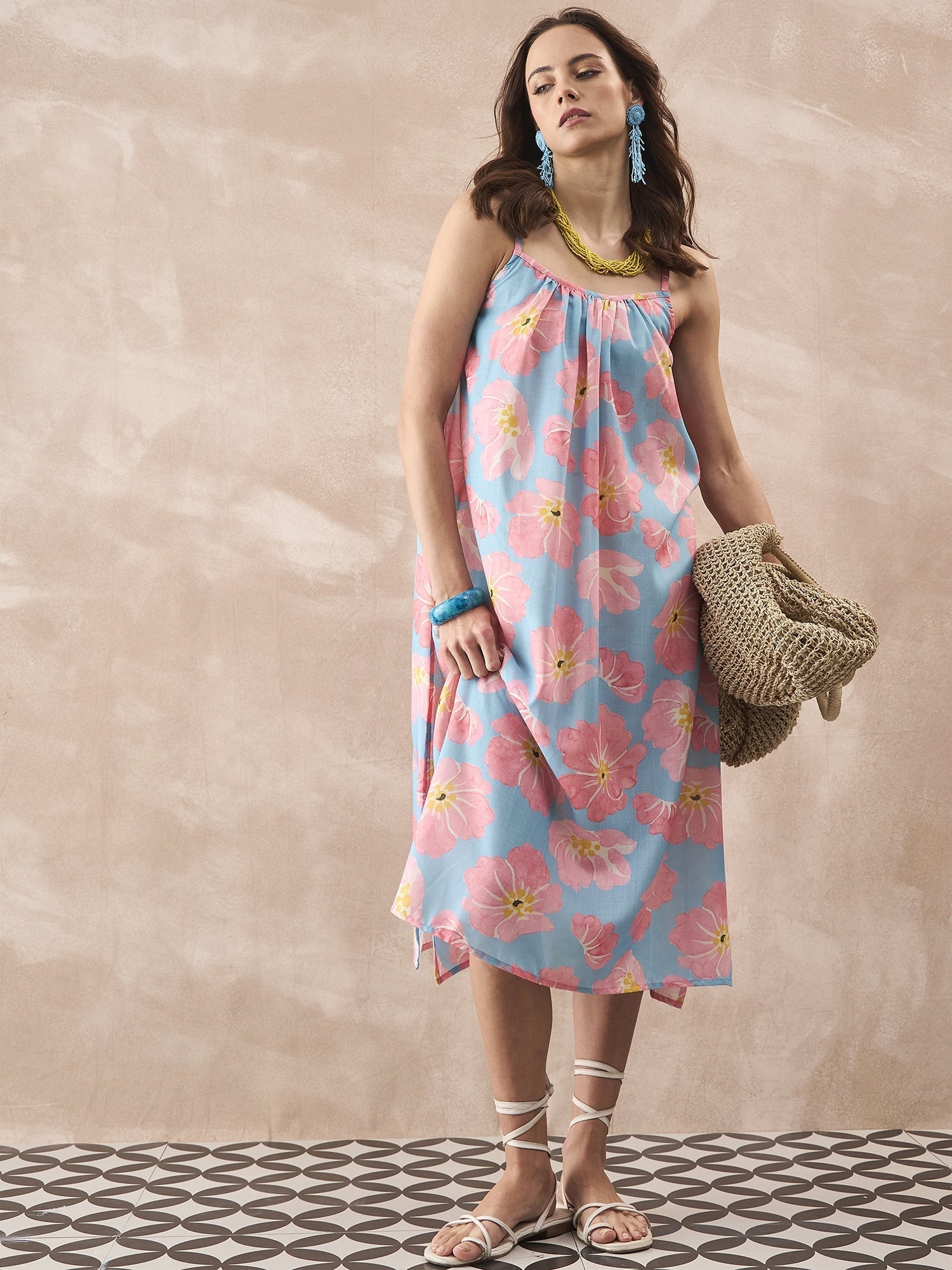 InWeave Skyblue Peach Strappy Dress - Distacart