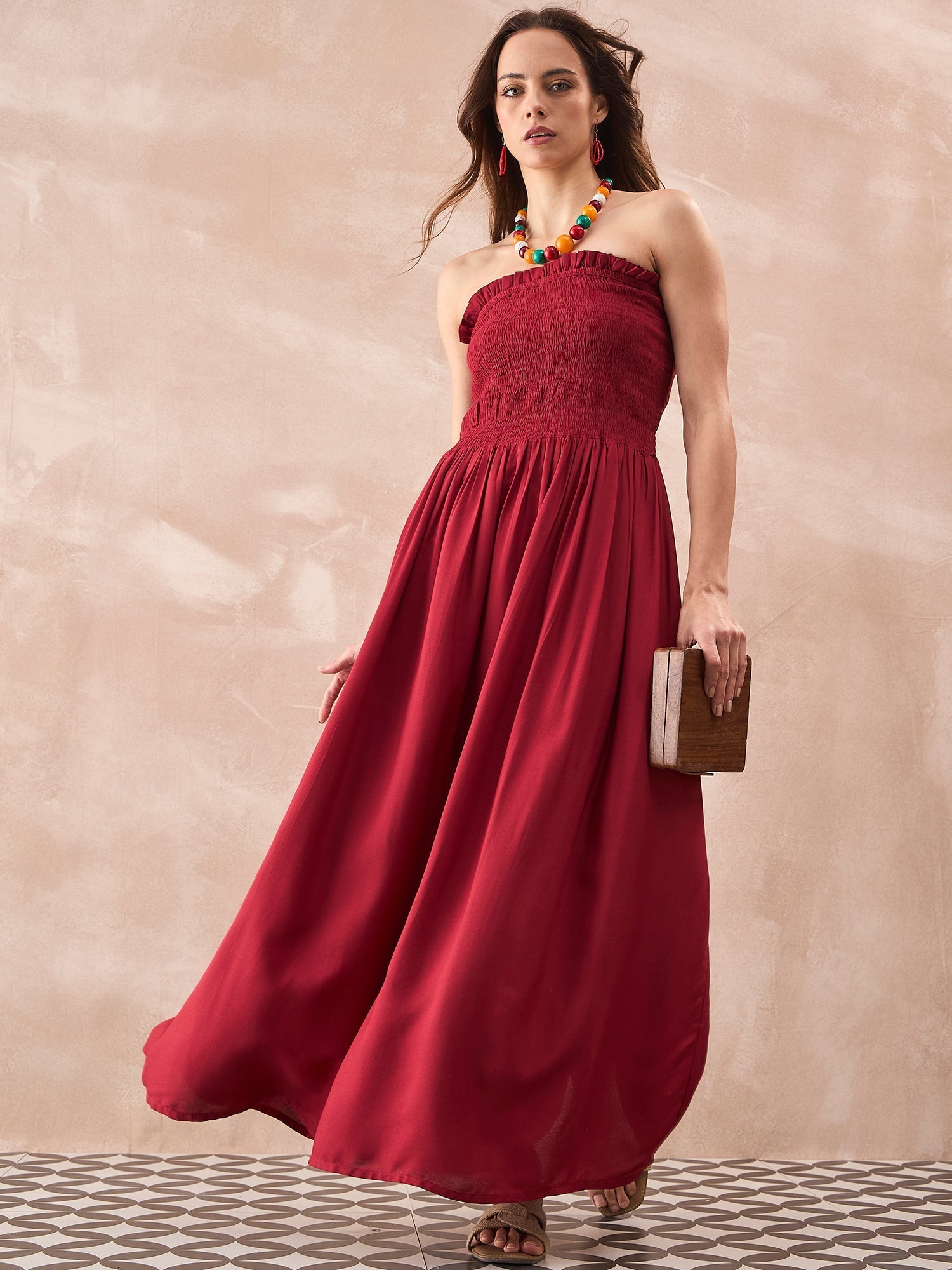 InWeave Maroon Solid Off Shoulder Dress - Distacart