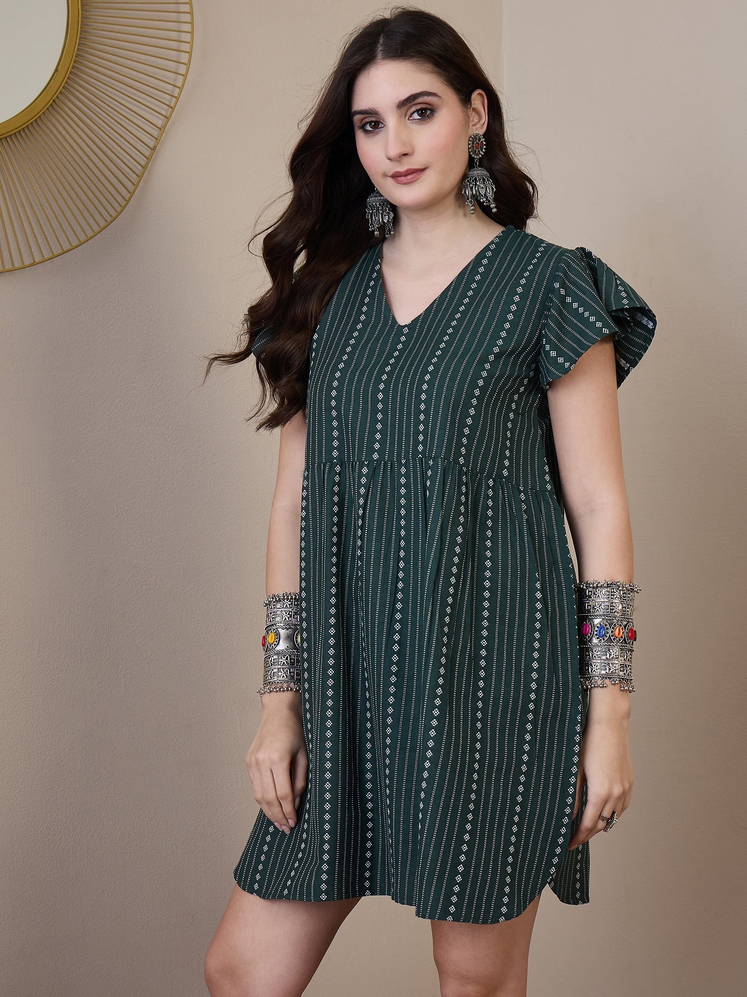 InWeave Green Stripe Kantha V Neck Short Dress - Distacart