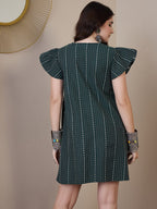 InWeave Green Stripe Kantha V Neck Short Dress - Distacart
