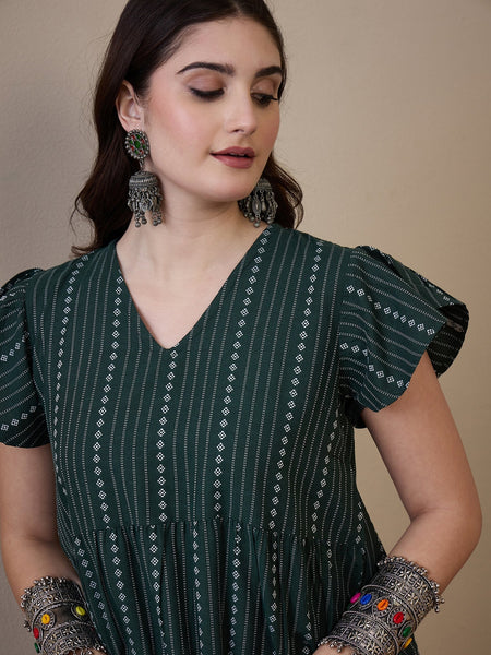 InWeave Green Stripe Kantha V Neck Short Dress
