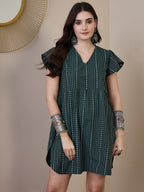 InWeave Green Stripe Kantha V Neck Short Dress - Distacart
