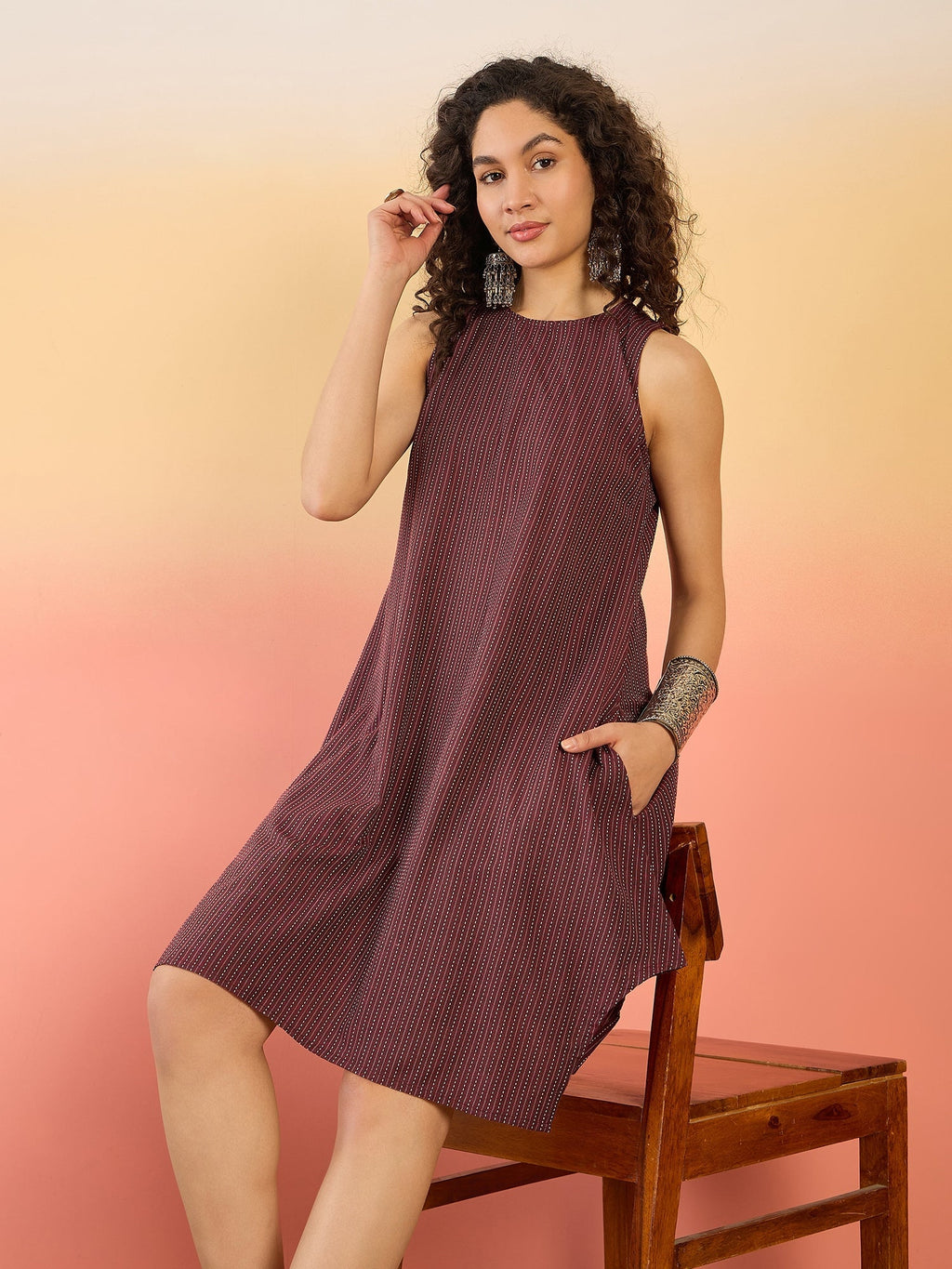 InWeave Wine Kantha R Neck W/S Dress - Distacart