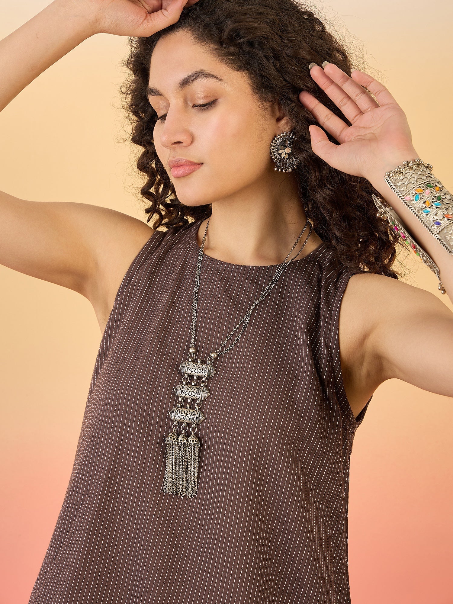 InWeave Dark Brown Kantha R Neck W/S Dress - Distacart