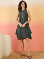 InWeave Dark Green Kantha R Neck W/S Dress - Distacart