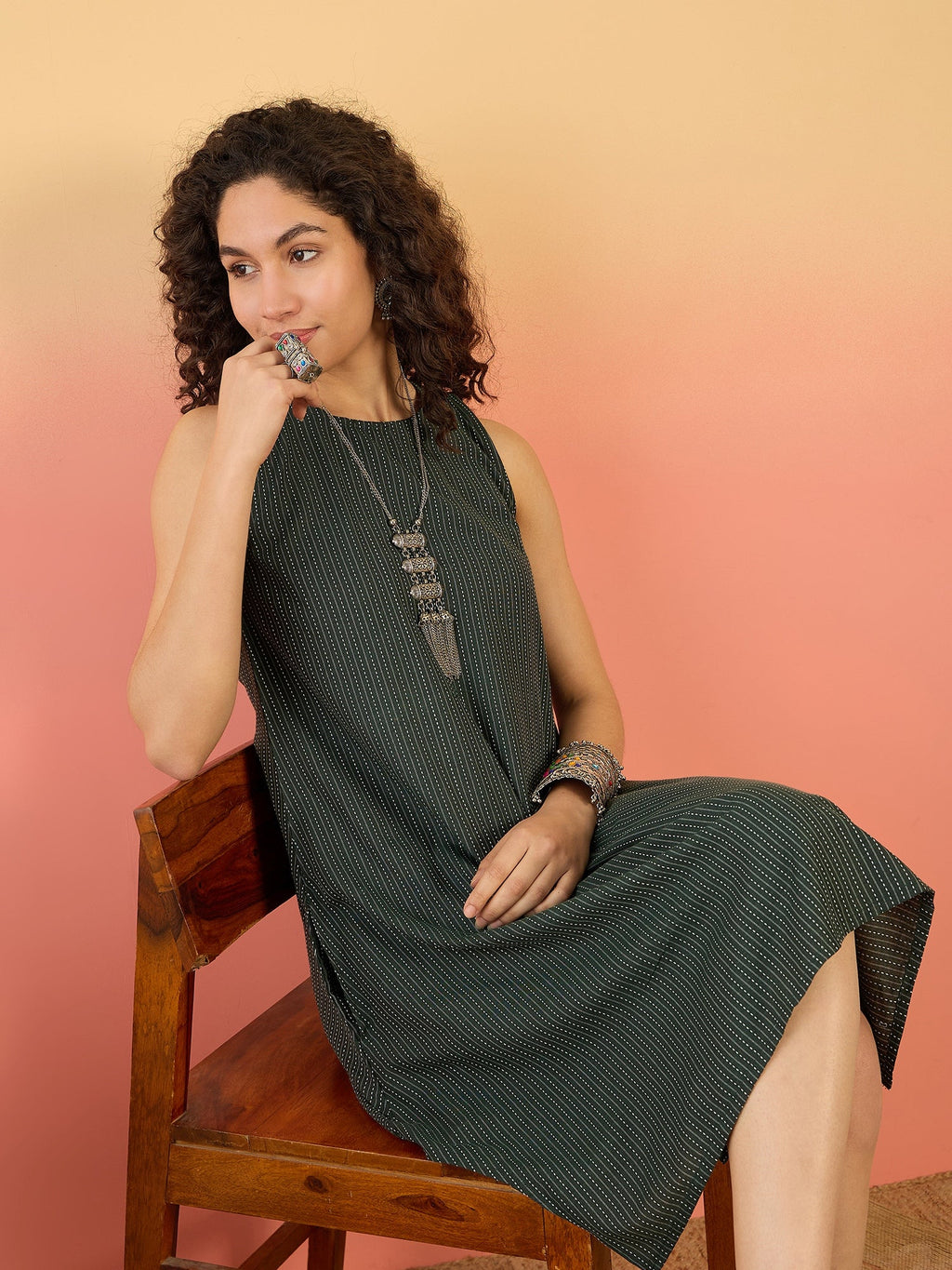 InWeave Dark Green Kantha R Neck W/S Dress - Distacart
