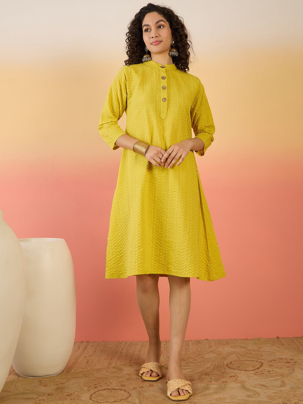 InWeave Yellow Kantha Mandarin Button Dress - Distacart