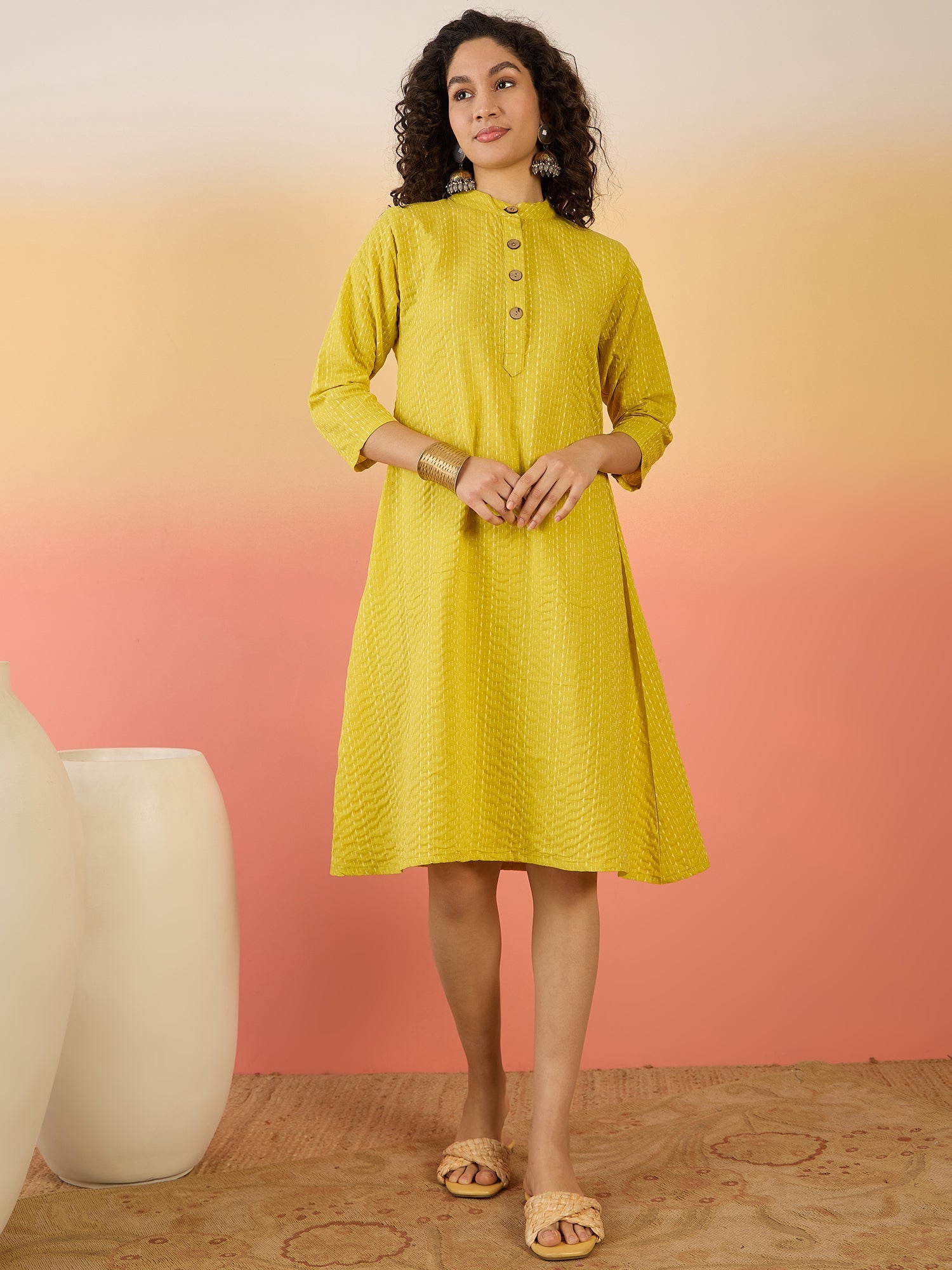 InWeave Yellow Kantha Mandarin Button Dress - Distacart