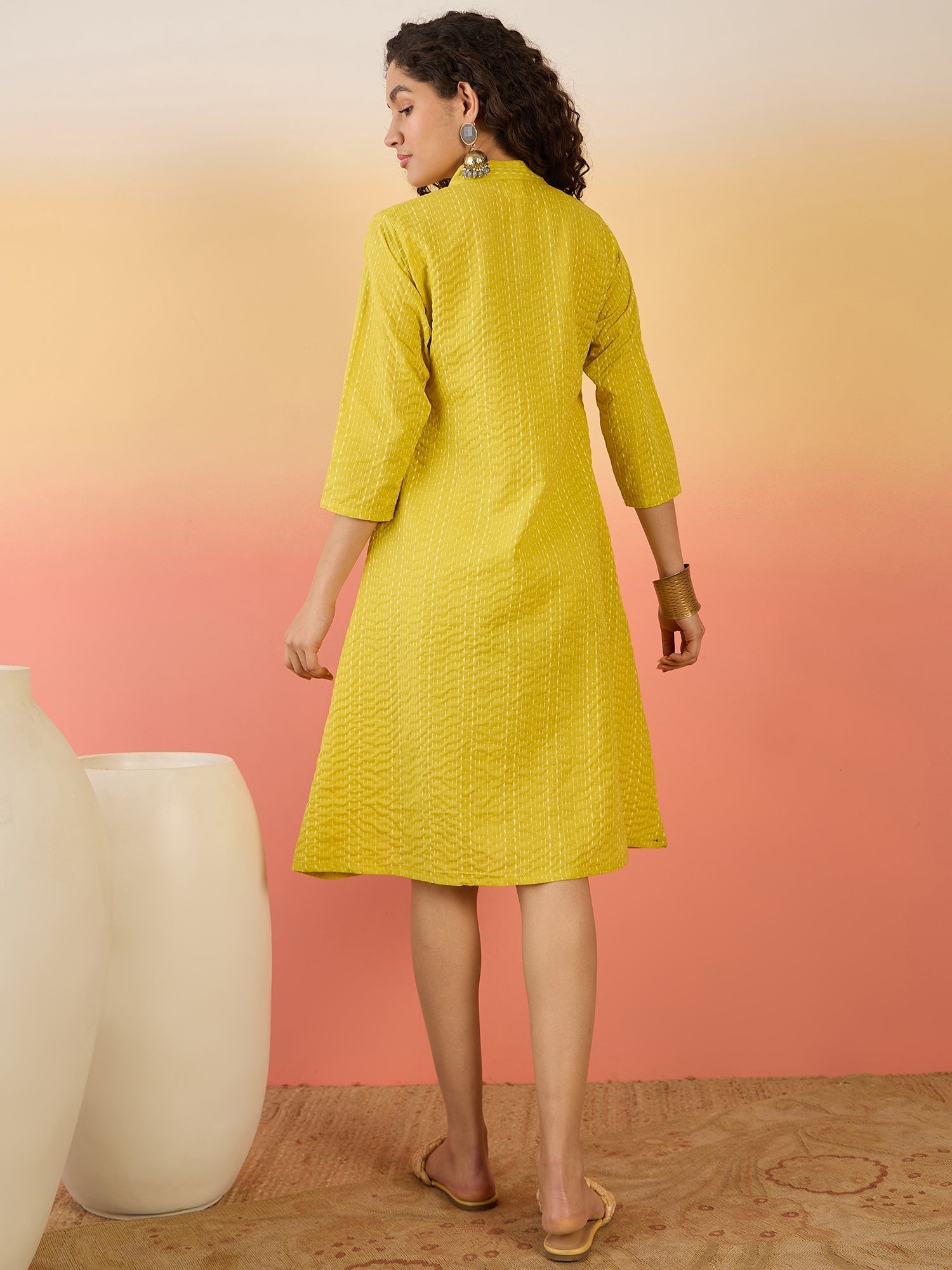 InWeave Yellow Kantha Mandarin Button Dress - Distacart