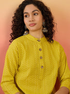 InWeave Yellow Kantha Mandarin Button Dress - Distacart