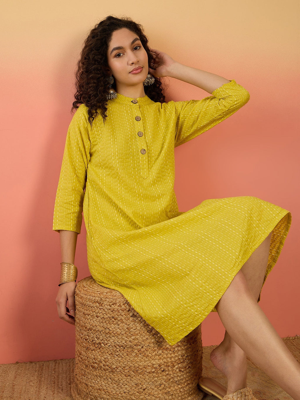 InWeave Yellow Kantha Mandarin Button Dress - Distacart