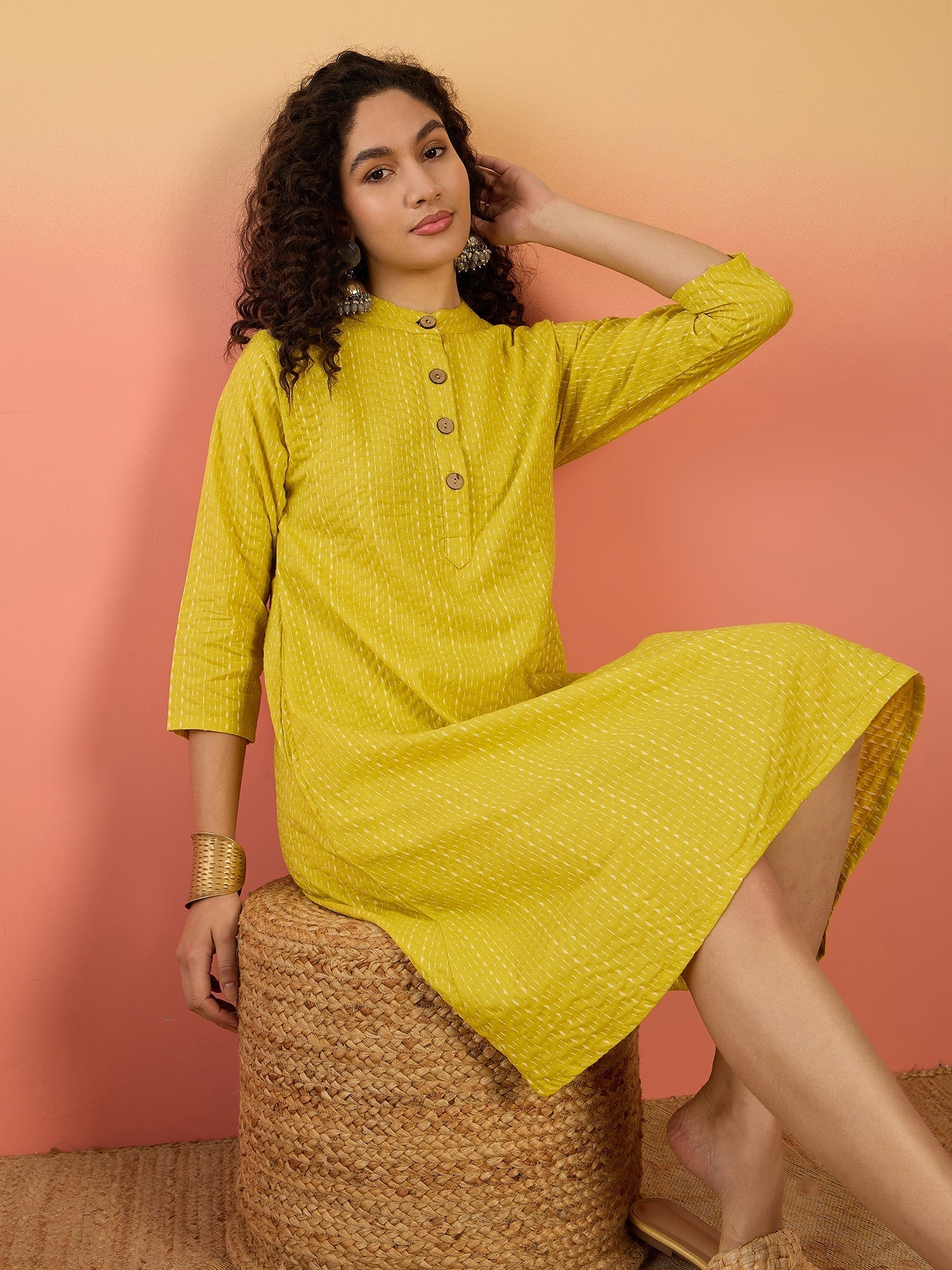 InWeave Yellow Kantha Mandarin Button Dress - Distacart