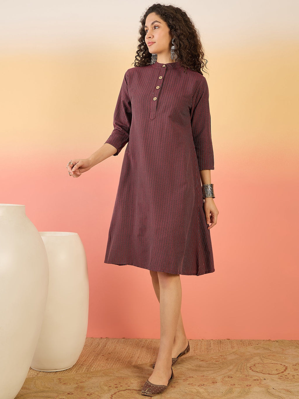 InWeave Wine Kantha Mandarin Button Dress - Distacart
