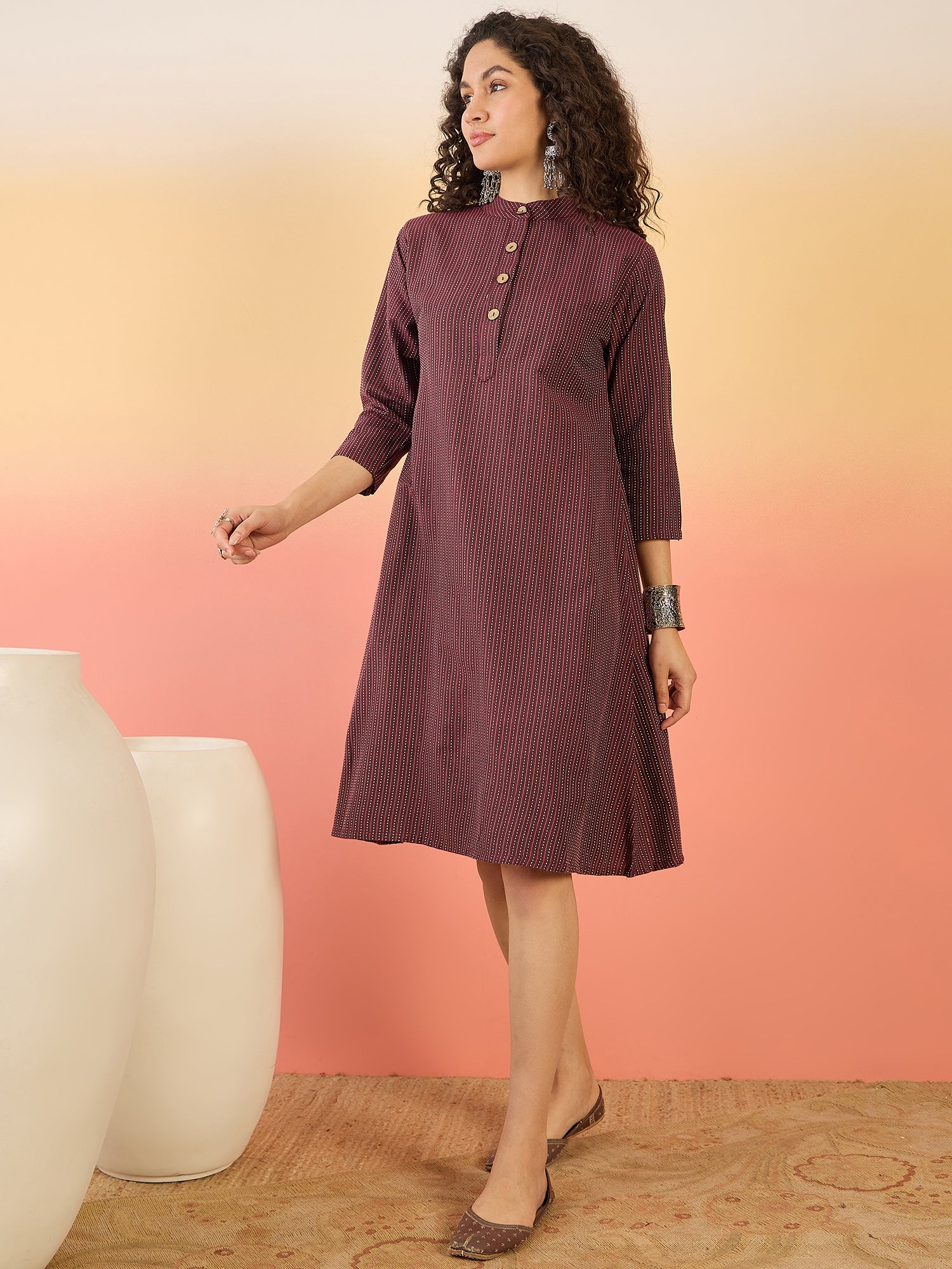 InWeave Wine Kantha Mandarin Button Dress - Distacart