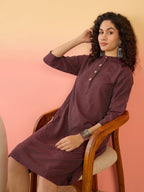 InWeave Wine Kantha Mandarin Button Dress - Distacart