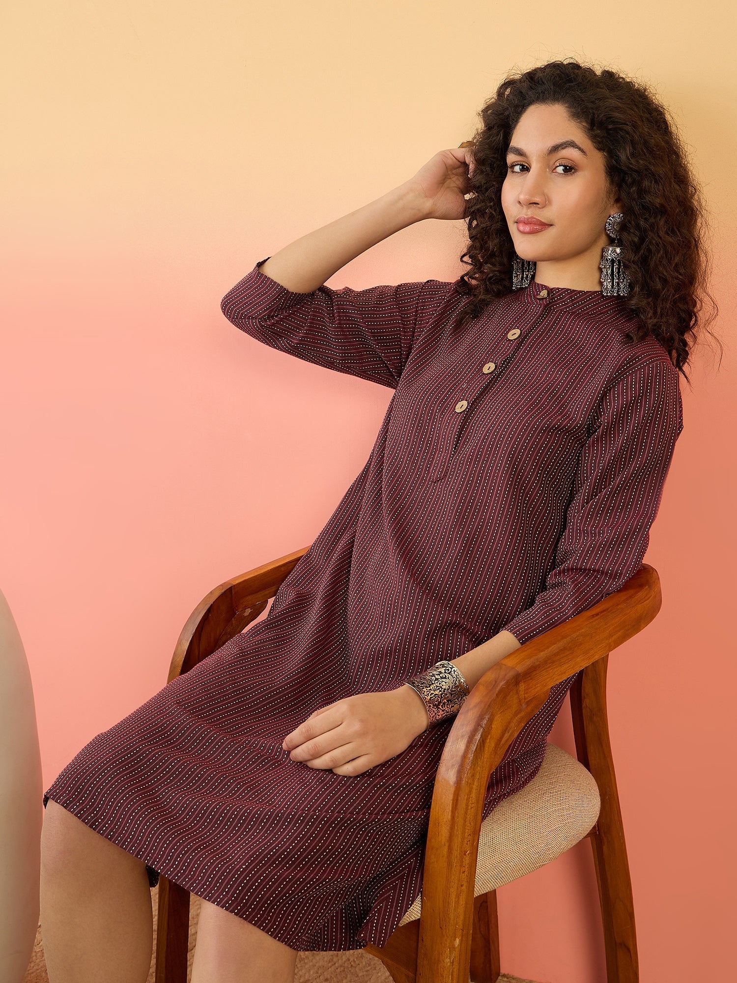 InWeave Wine Kantha Mandarin Button Dress - Distacart