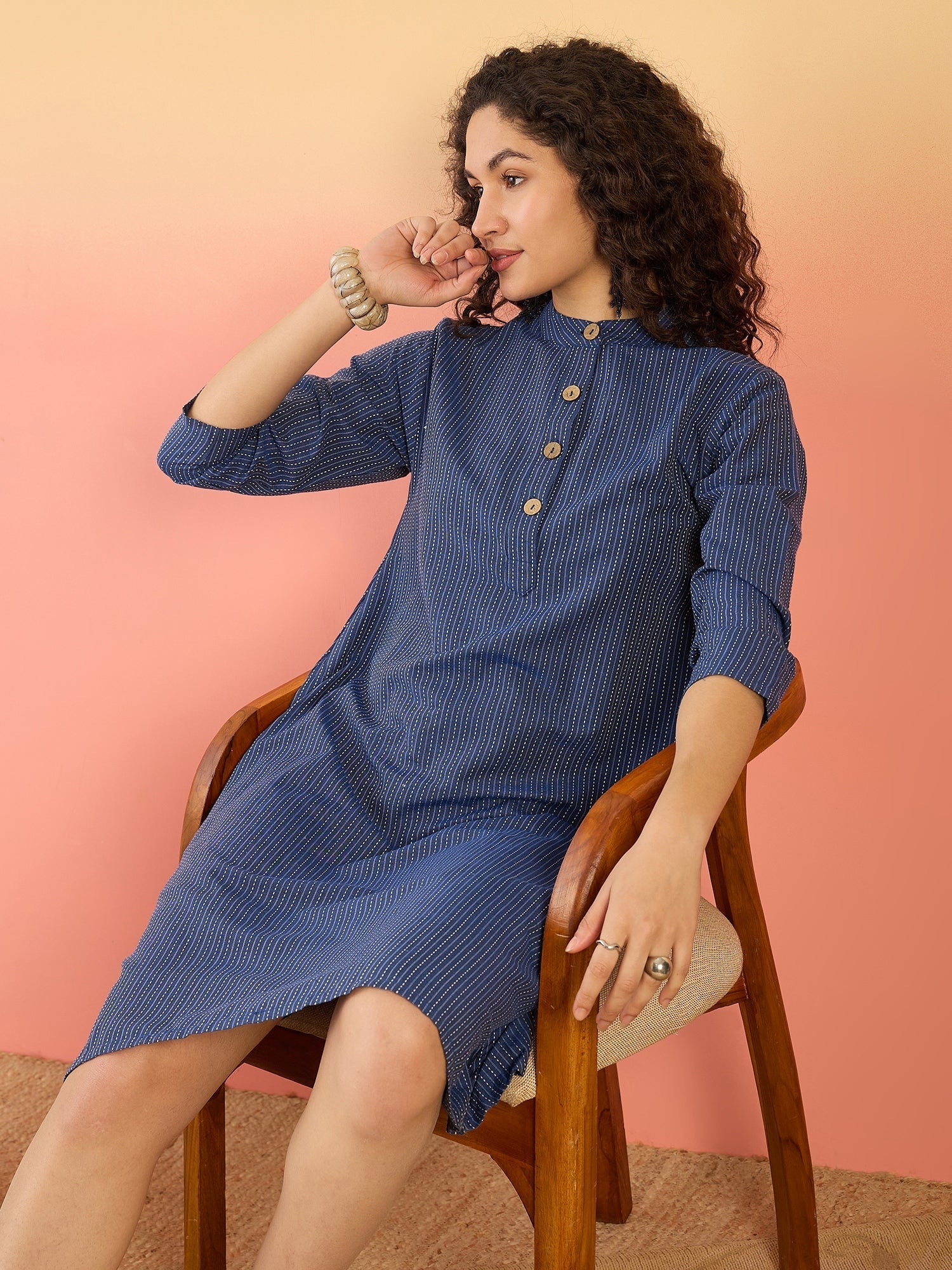 InWeave Blue Kantha Mandarin Button Dress - Distacart