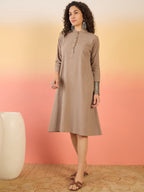 InWeave Light Brown Kantha Mandarin Button Dress - Distacart