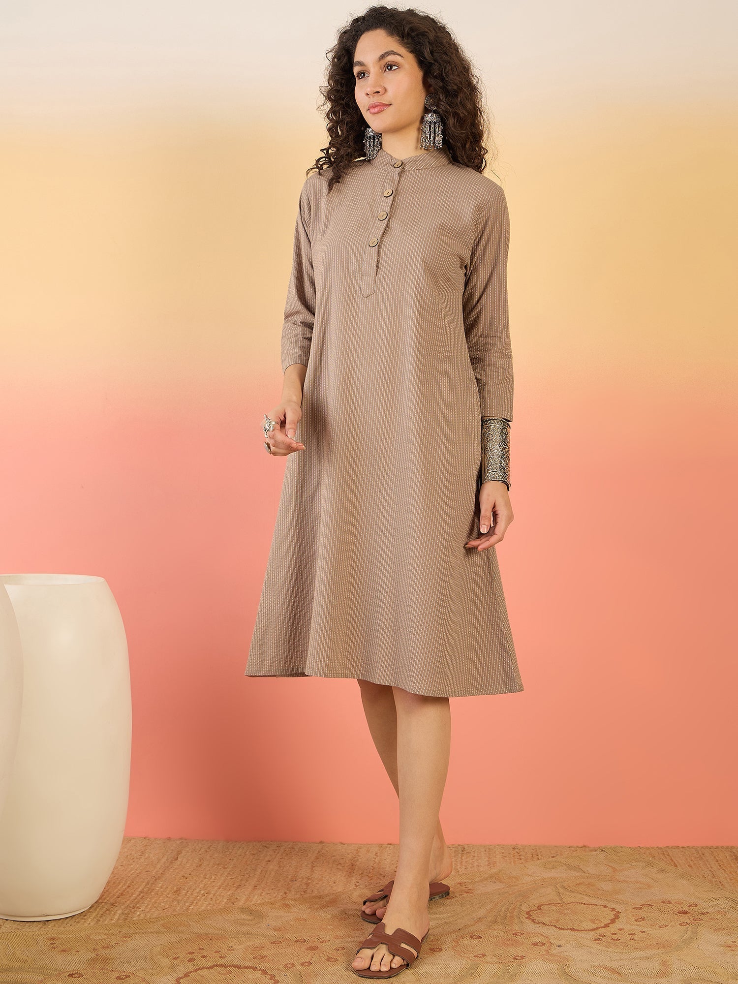 InWeave Light Brown Kantha Mandarin Button Dress - Distacart