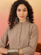 InWeave Light Brown Kantha Mandarin Button Dress - Distacart
