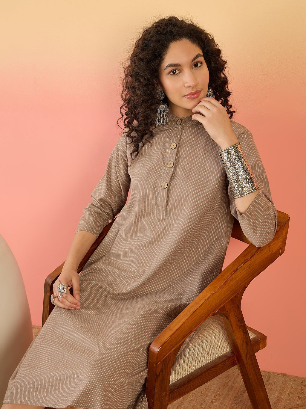 InWeave Light Brown Kantha Mandarin Button Dress - Distacart