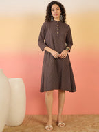 InWeave Dark Brown Kantha Mandarin Button Dress - Distacart