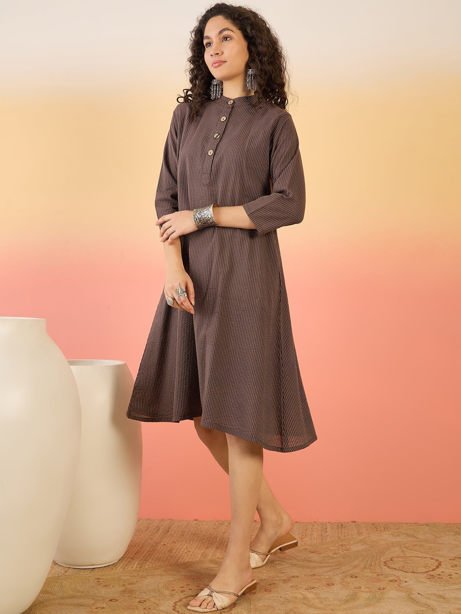 InWeave Dark Brown Kantha Mandarin Button Dress - Distacart