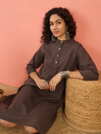 InWeave Dark Brown Kantha Mandarin Button Dress - Distacart