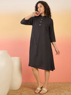 InWeave Black Kantha Mandarin Button Dress - Distacart