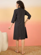 InWeave Black Kantha Mandarin Button Dress - Distacart