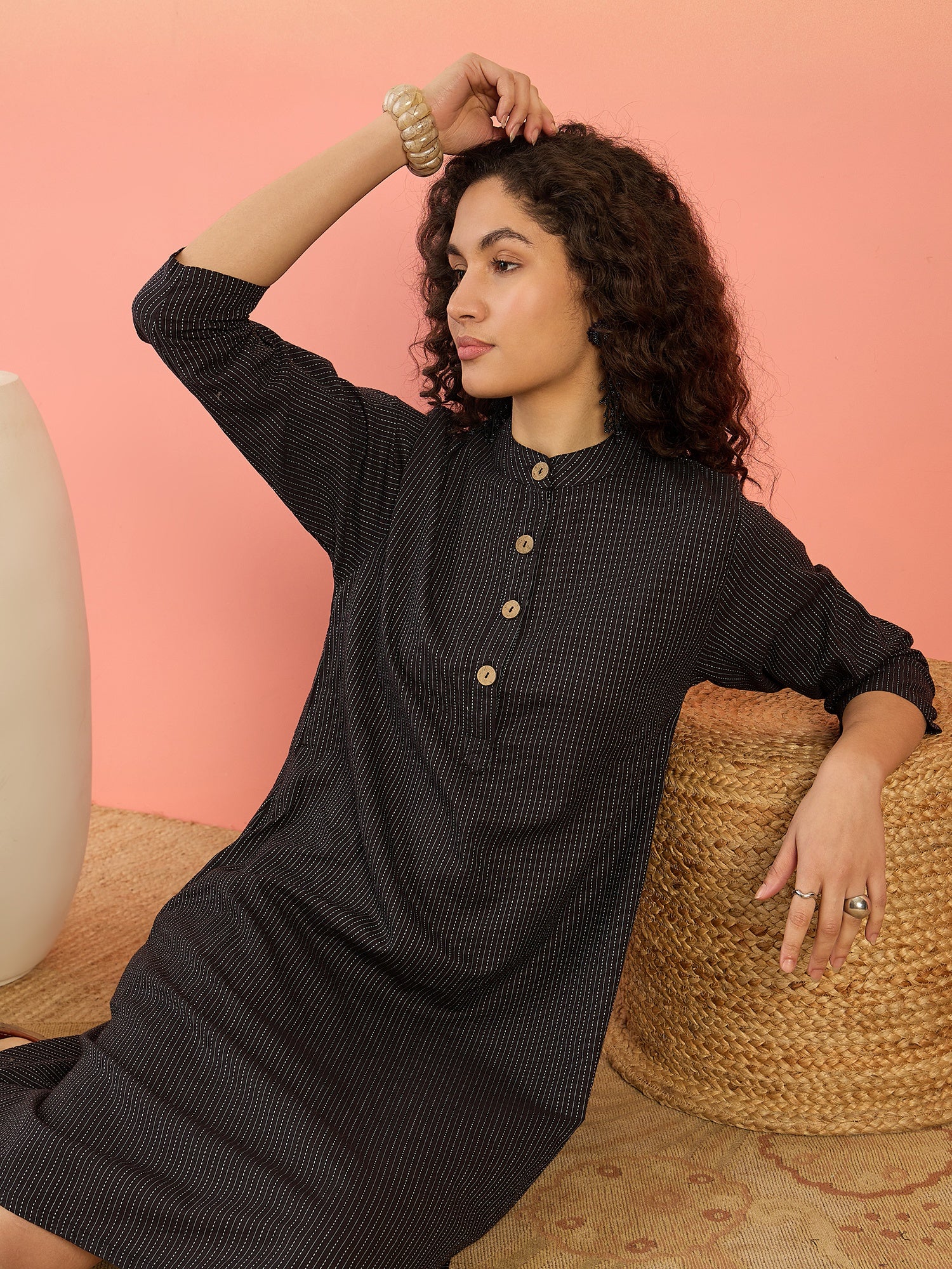InWeave Black Kantha Mandarin Button Dress - Distacart