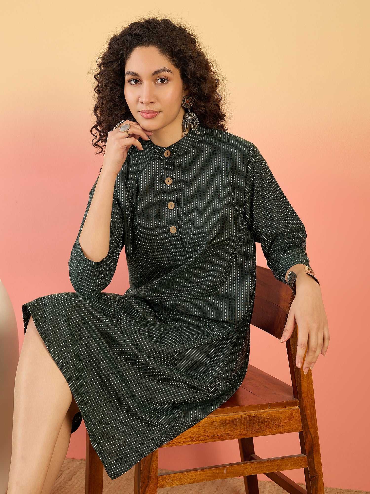 InWeave Dark Green Kantha Mandarin Button Dress - Distacart