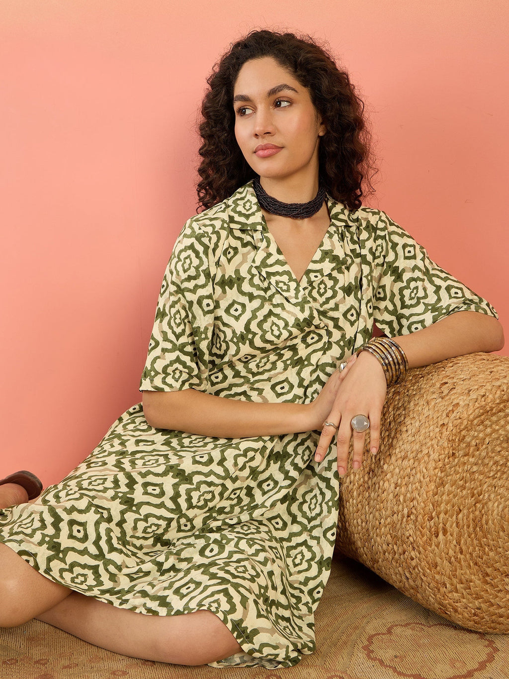 InWeave Mehandi Green Moroccan Collar Dress - Distacart