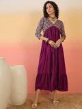 InWeave Wine Ogee Foil V Neck Teared Dress - Distacart