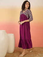 InWeave Wine Ogee Foil V Neck Teared Dress - Distacart