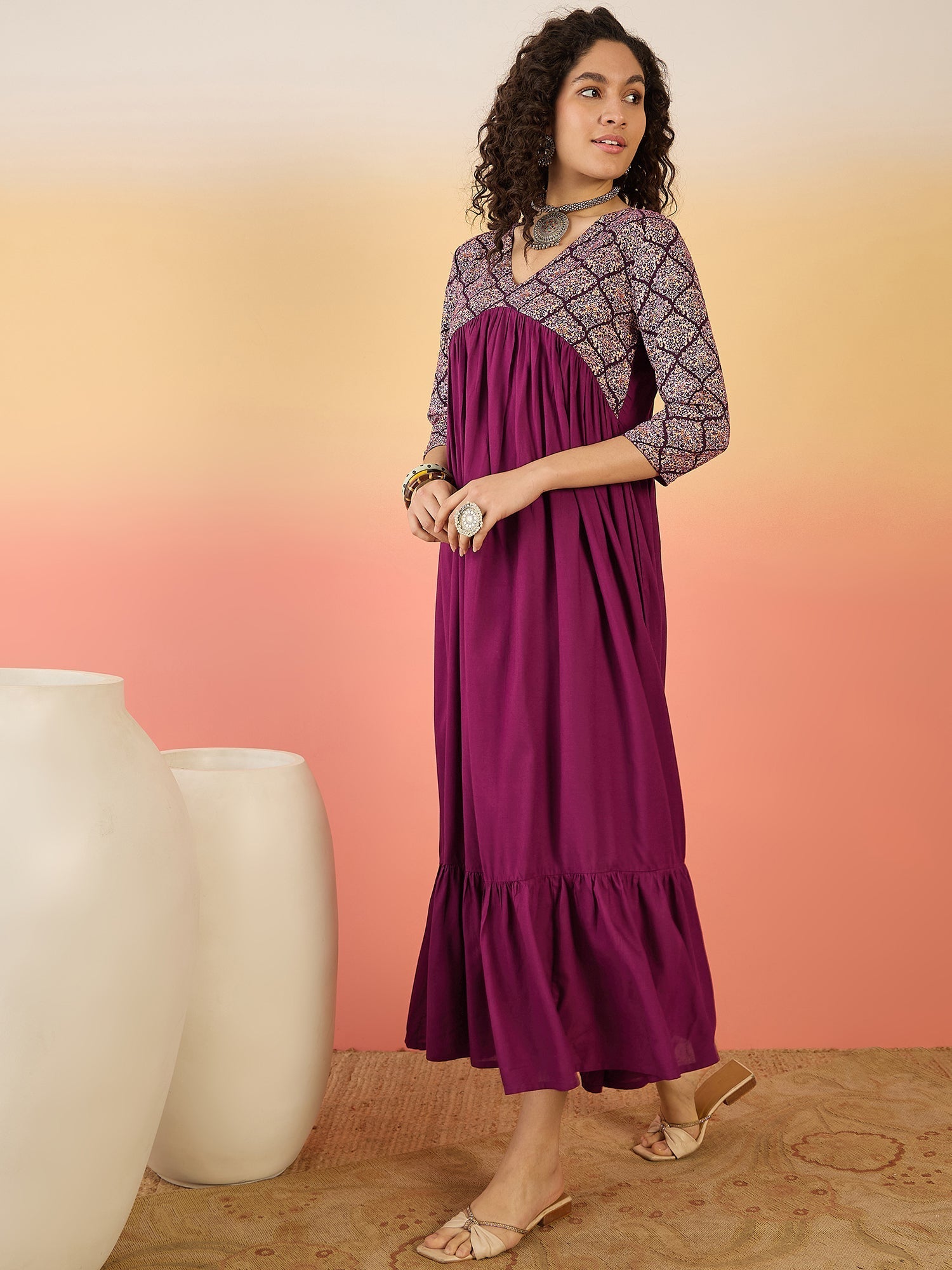 InWeave Wine Ogee Foil V Neck Teared Dress - Distacart