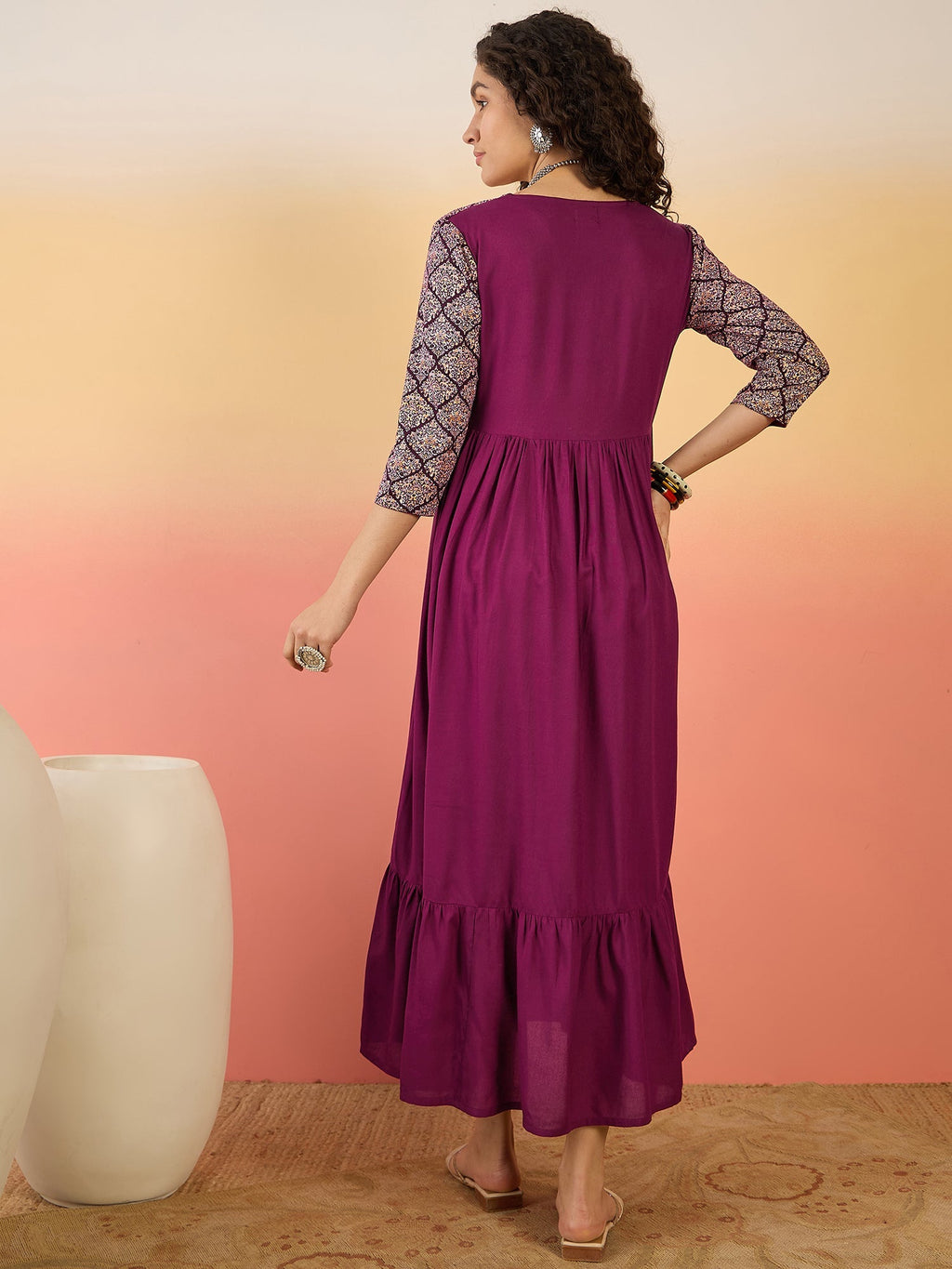 InWeave Wine Ogee Foil V Neck Teared Dress - Distacart