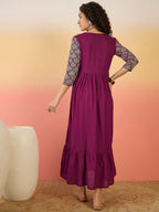 InWeave Wine Ogee Foil V Neck Teared Dress - Distacart