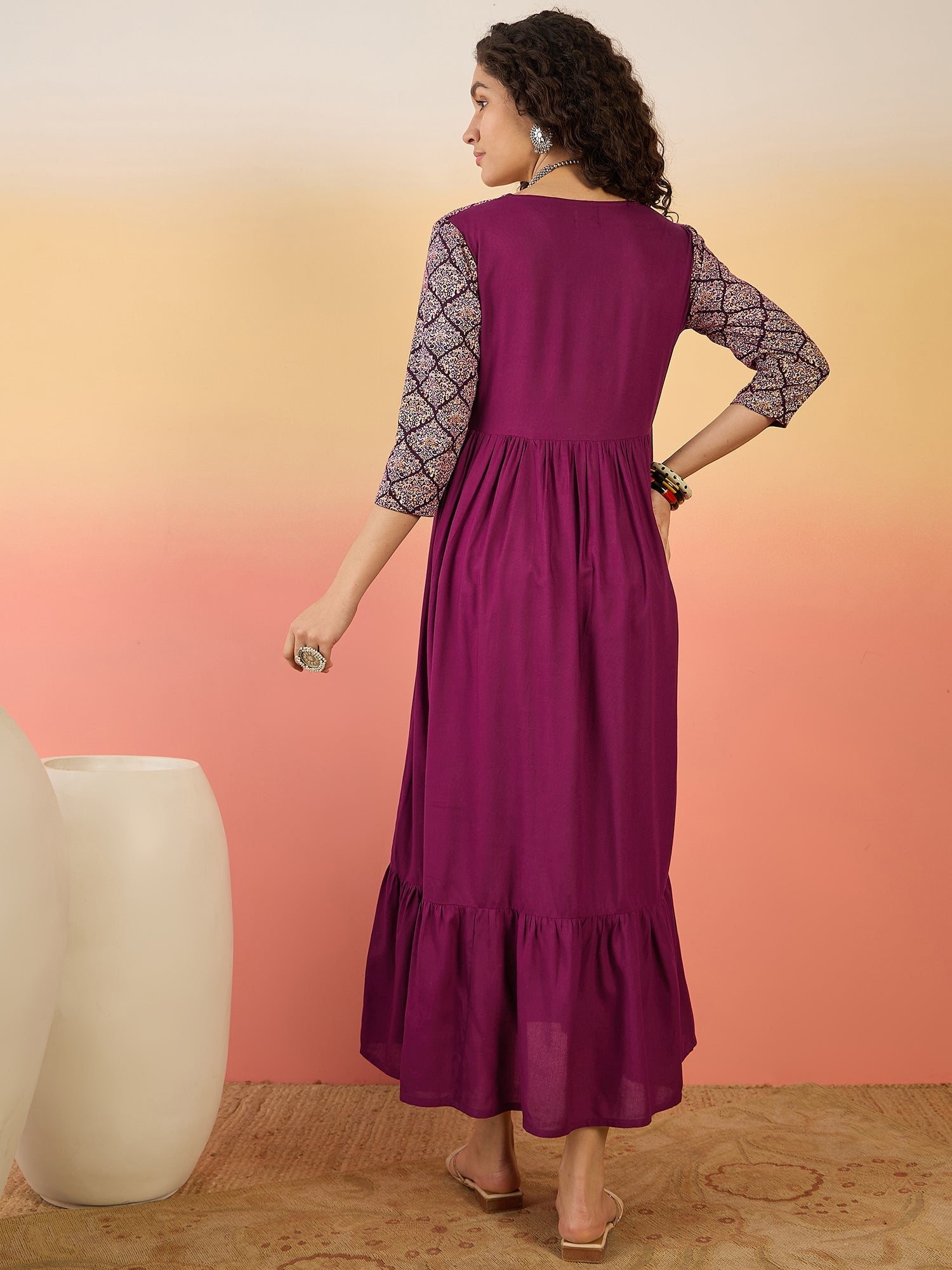 InWeave Wine Ogee Foil V Neck Teared Dress - Distacart