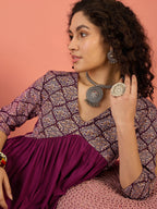 InWeave Wine Ogee Foil V Neck Teared Dress - Distacart