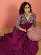 InWeave Wine Ogee Foil V Neck Teared Dress - Distacart