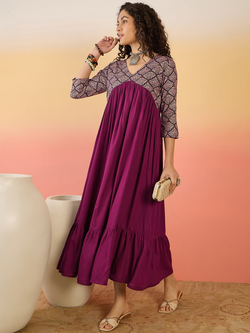 InWeave Wine Ogee Foil V Neck Teared Dress - Distacart