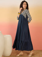 InWeave Navy Ogee Foil V Neck Teared Dress - Distacart