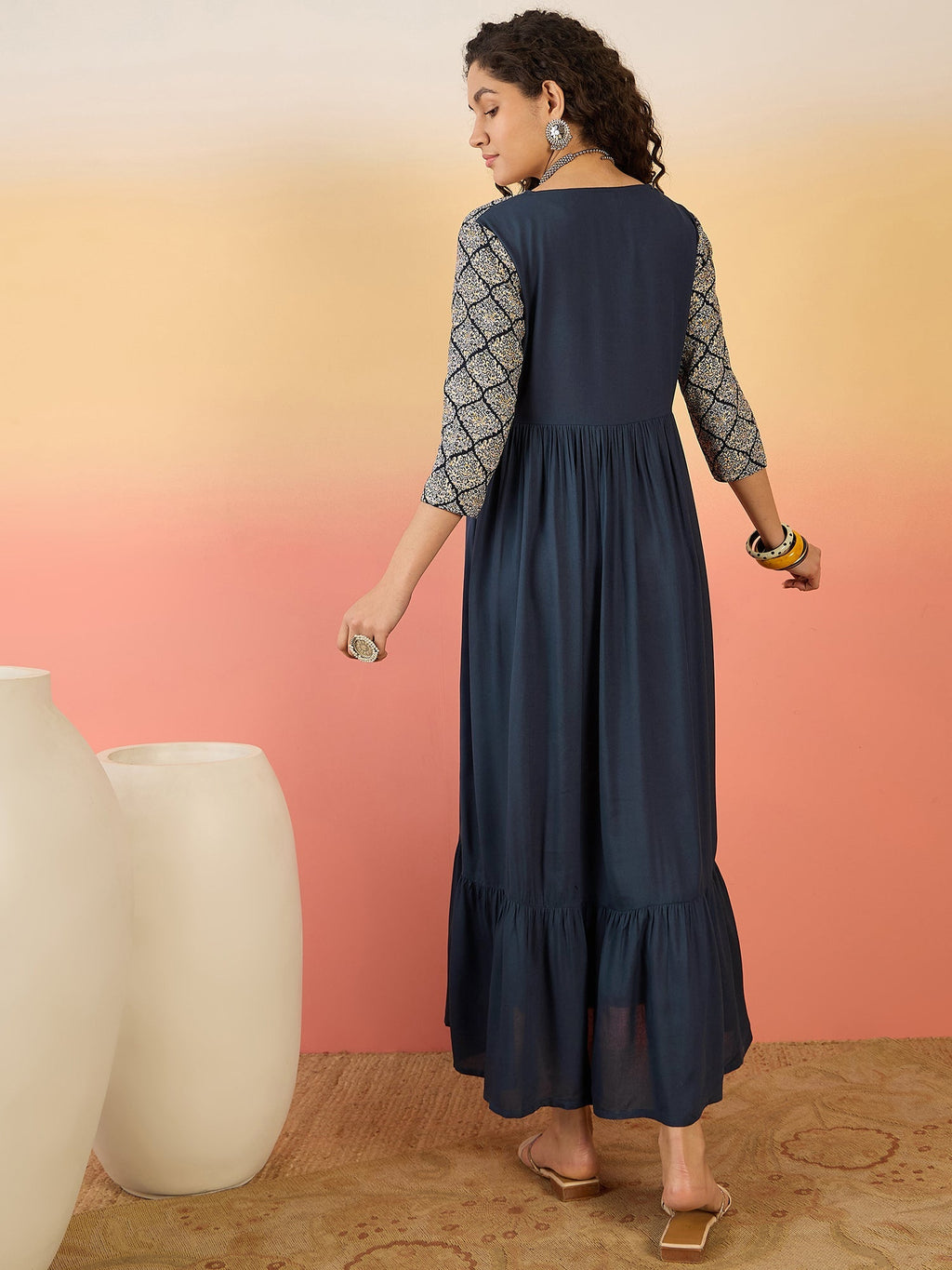 InWeave Navy Ogee Foil V Neck Teared Dress - Distacart
