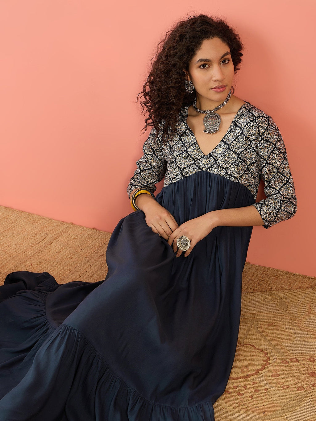 InWeave Navy Ogee Foil V Neck Teared Dress - Distacart